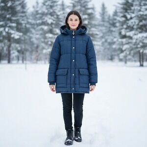 Shanahan Blue Hooded Puffer Jacket Women's M Full Zip Snap Front Very‎ Good